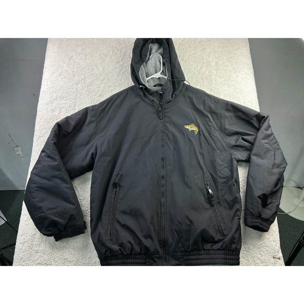 Cabela's Jacket Mens Large Black‎ Hooded Full Zip Fishing Embroidered Fish
